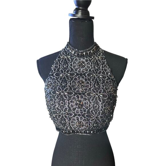 Alyce Paris Beaded Crop Top | Black Floral High Neck Formal - Picture 1 of 5